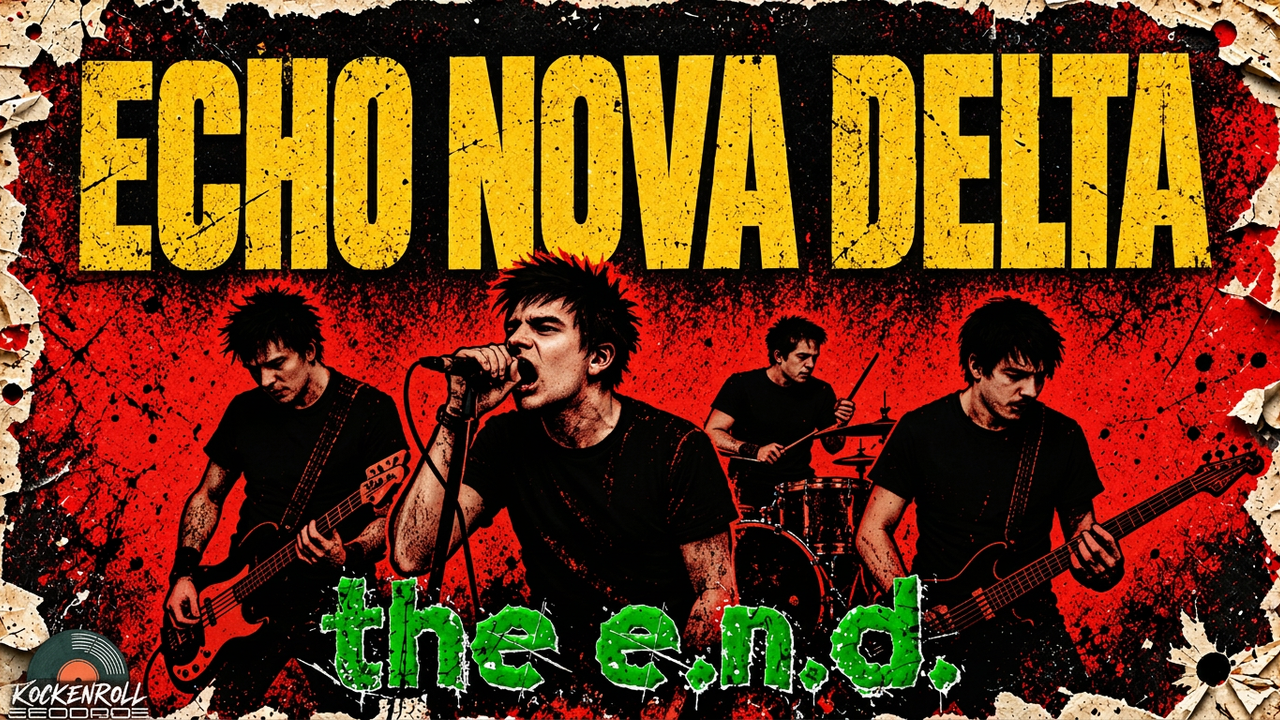 Echo Nova Delta band performing with bold yellow and red graffiti-style artwork