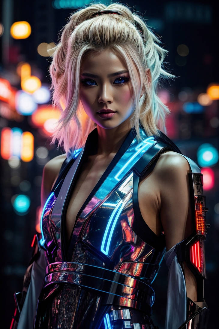 Futuristic cyberpunk samurai woman in a neon-lit city.