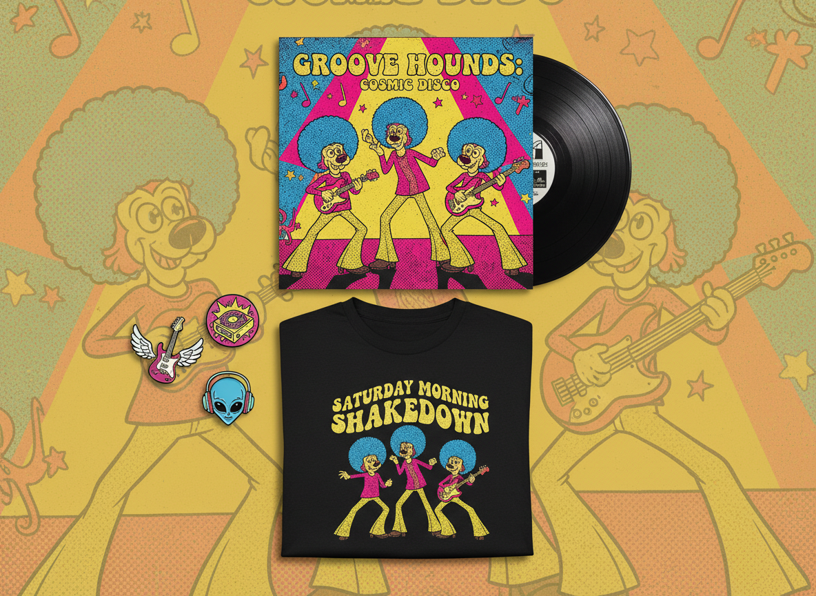 Retro cartoon-themed merchandise including vinyl, t-shirt and pins
