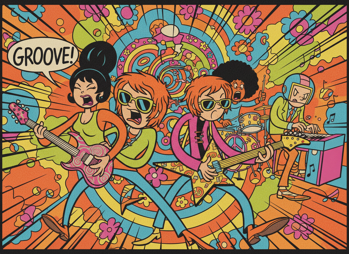 Retro cartoon-style illustration of an animated band lineup with guitars and drums